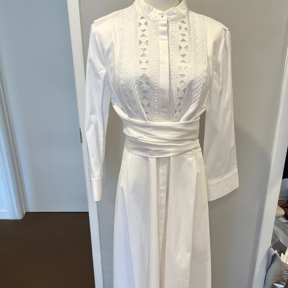Elie Tahari Cream Wrap Midi Dress, Embroidered Yoke. Never Worn! Size 10